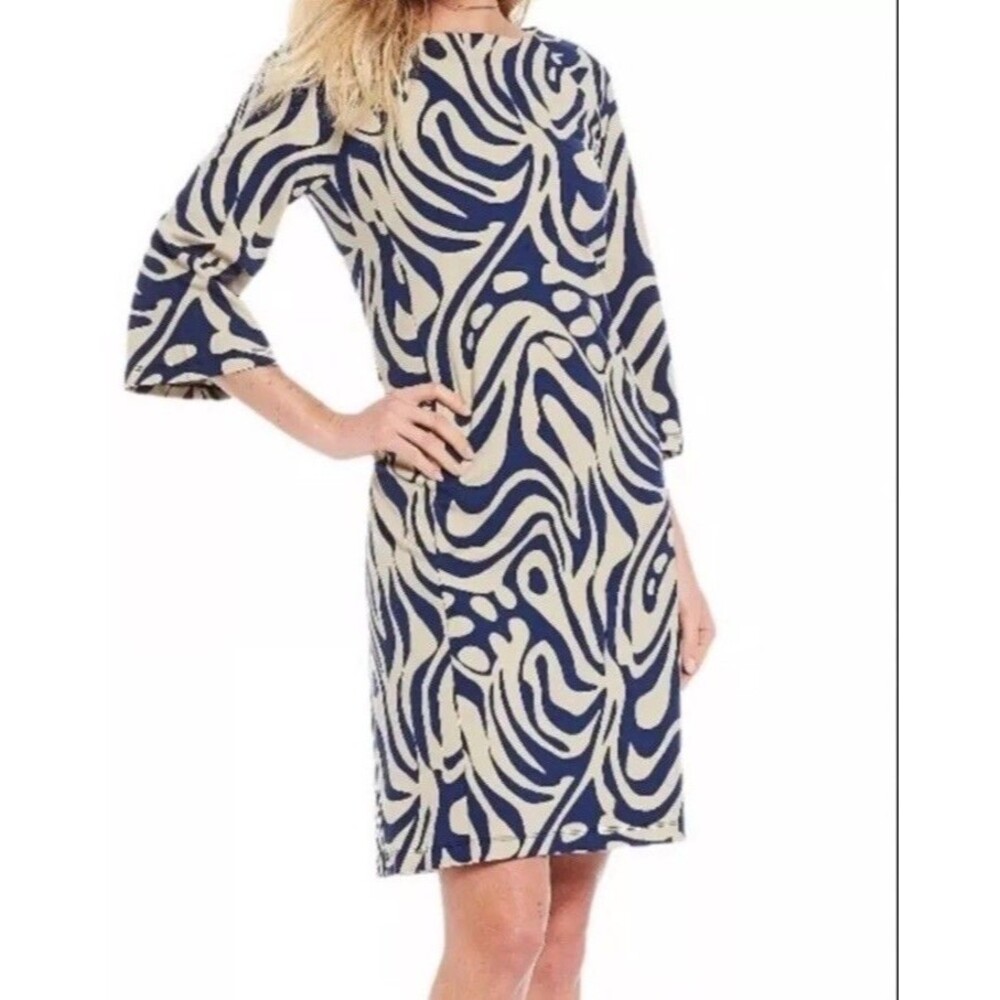 J. McLaughlin "Campbell"  3/4 Sleeve Dress, Navy/Beige Puddle Print Large